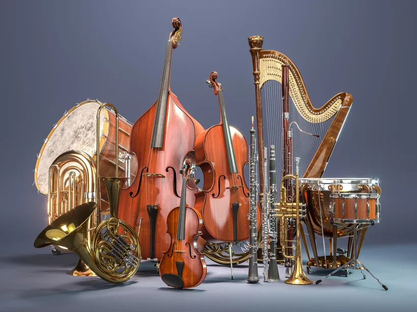 Orchestra musical instruments on grey background. 3D rendering YER İLE GÖK ARASINDAKİ UYUM: KLASİK MÜZİK