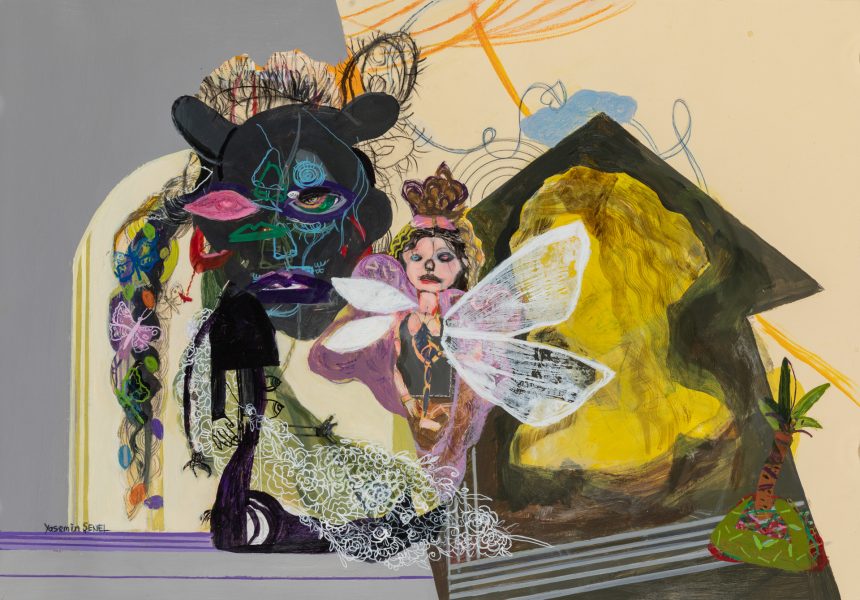 Aslan,Kelebek ve genç kiz 35x50cm karisik teknikkagit üzerine 2025 Kargaşa / Pêle-Mêle / Disorder Yasemin Şenel Solo Sergisi